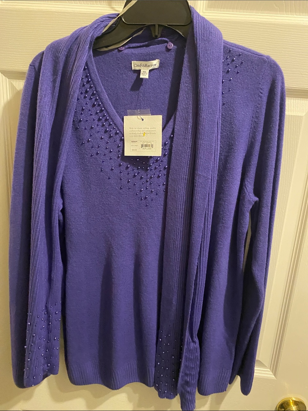 croft & barrow Violet Beaded V-Neck Sweater with Scarf